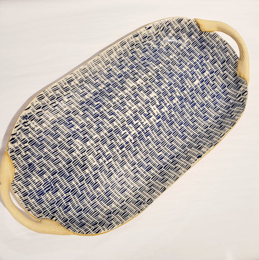 Terrafirma Ceramics - Cobalt Rattan 18” Oval Tray with Handles