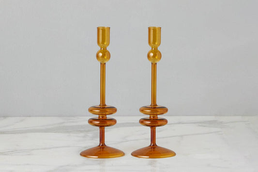 Angelique Glass Candlestick Pair, 10in, Amber Orange