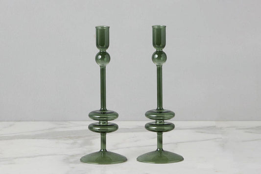 Angelique Glass Candlestick Pair, 10in, Emerald