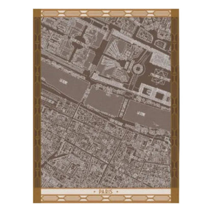 A Paris city map art print featuring detailed street and river names in light beige lines over a warm brown background, framed by an Art Deco style border with 'PARIS' printed at the bottom.