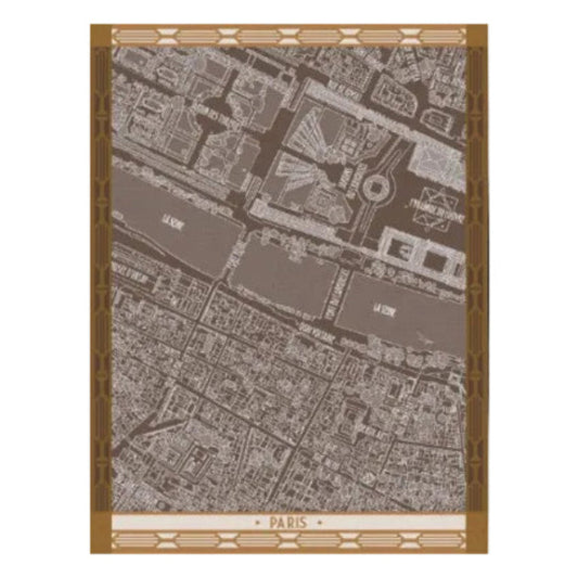 A Paris city map art print featuring detailed street and river names in light beige lines over a warm brown background, framed by an Art Deco style border with 'PARIS' printed at the bottom.
