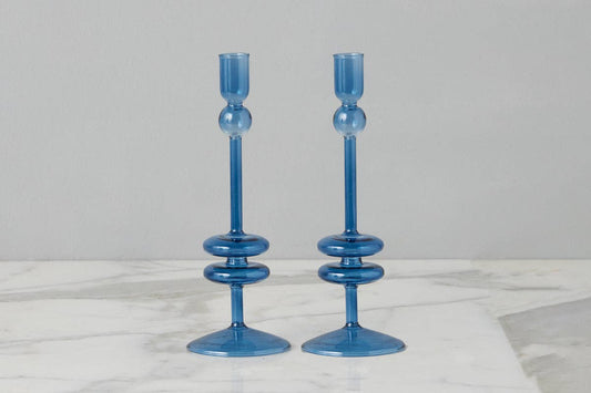Angelique Glass Candlestick Pair, 10in, Sapphire Blue