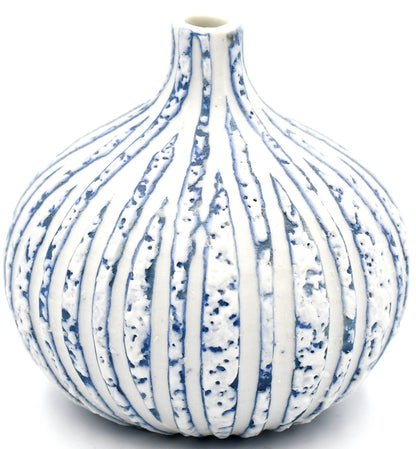 CONGO White and Blue Textured Stripe S-Porcelain Bud Vase