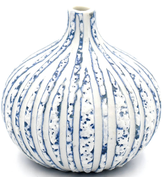 CONGO White and Blue Textured Stripe S-Porcelain Bud Vase