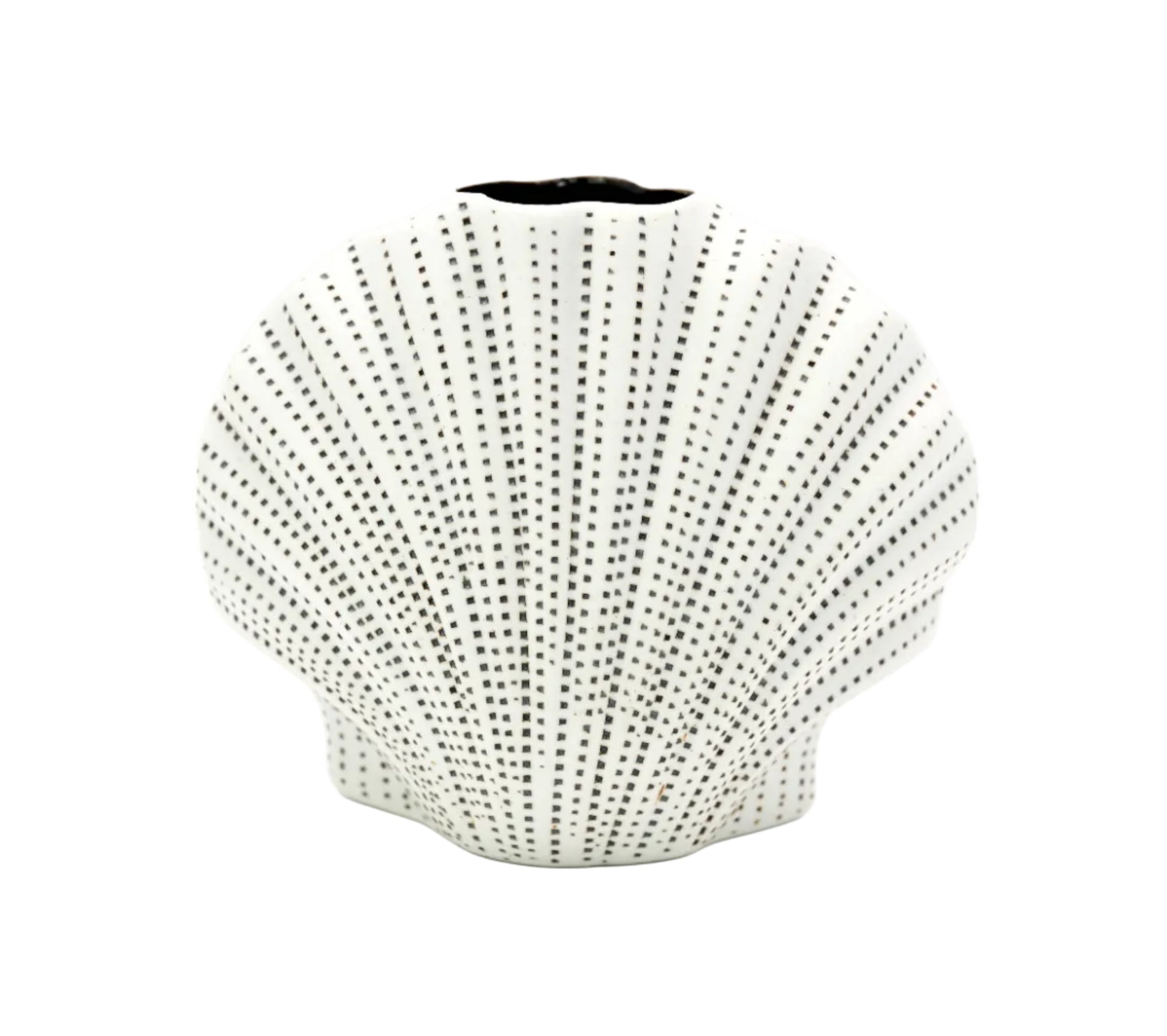 White vase with black dot pattern on a white background