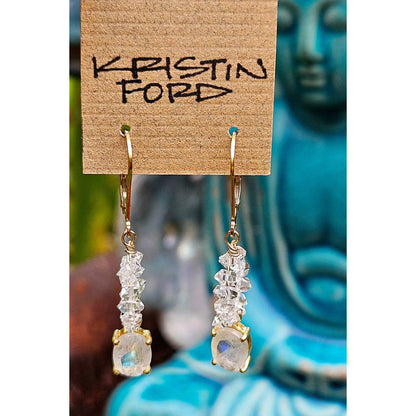 Gold Filled Rainbow Moonstone & Herkimer Diamond Earrings