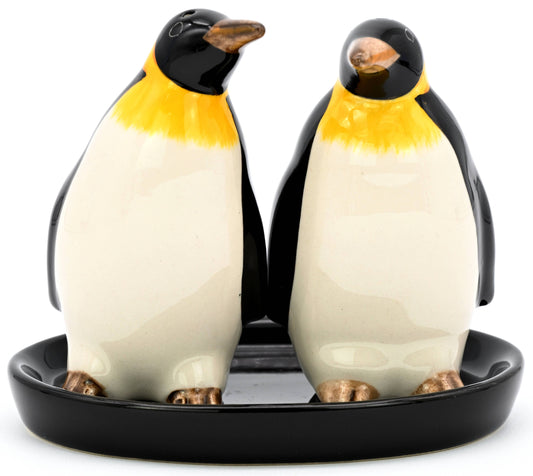SALT AND PEPPER SHAKER Penguins & black ceramic tray