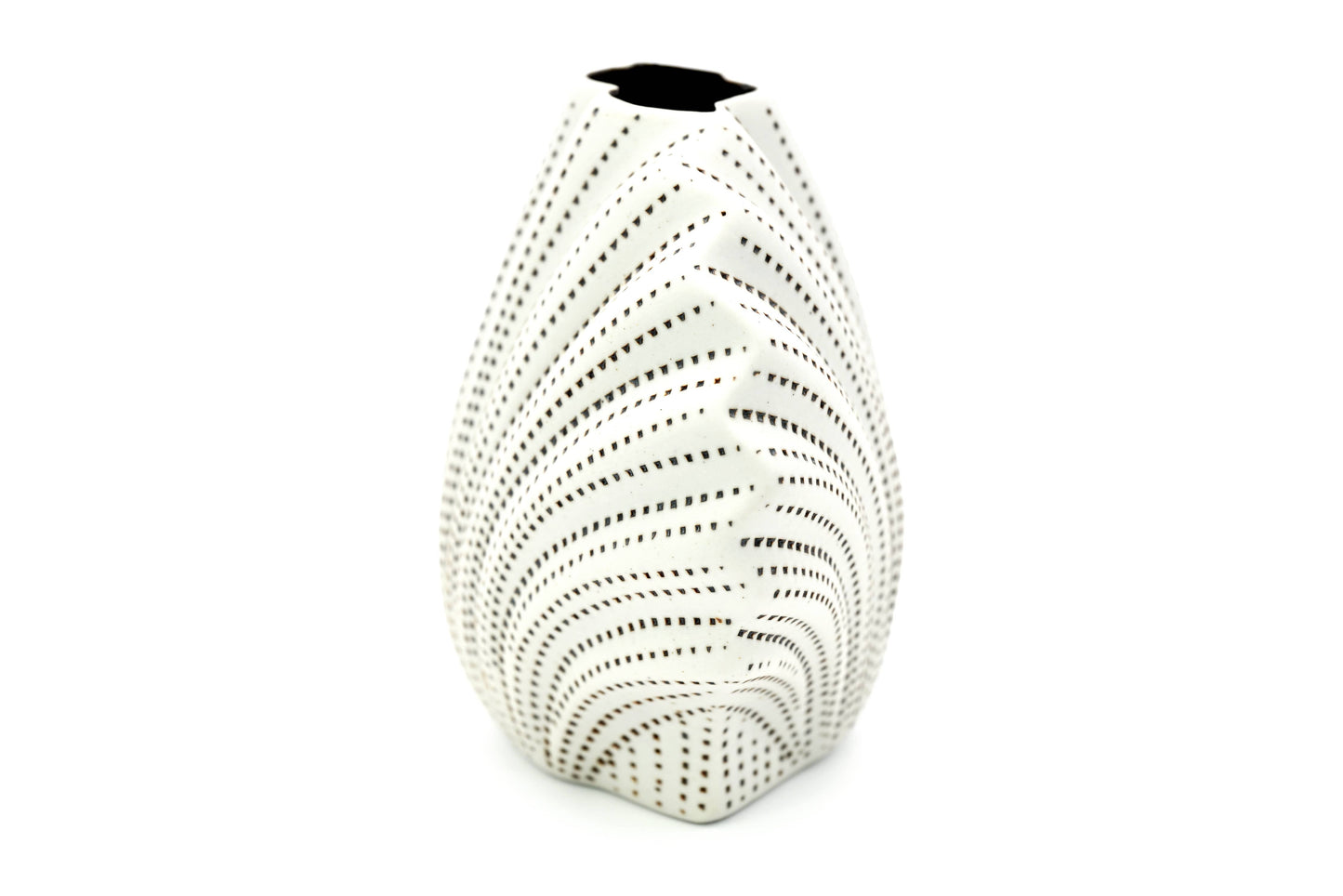 Decorative vase with a unique spiral design on a white background