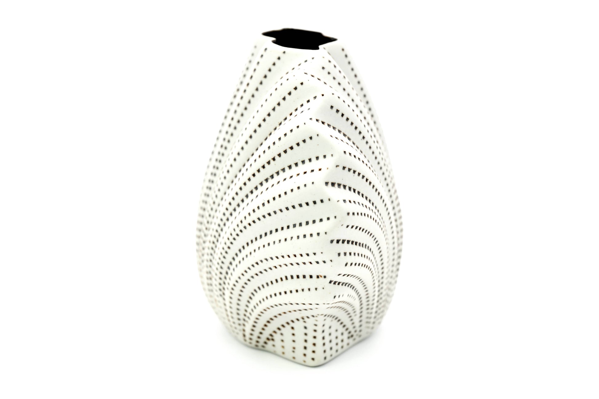 Decorative vase with a unique spiral design on a white background