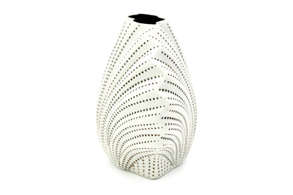 Decorative vase with a unique spiral design on a white background
