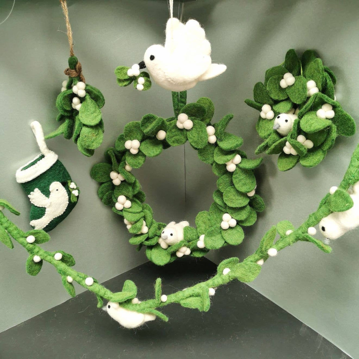 Handmade Felt Mistletoe Dove Hanging Christmas Decoration - r. h. ballard shop & gallery