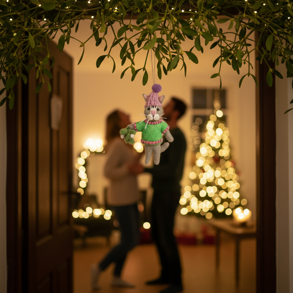Handmade Felt Mistletoe Meows Christmas Cat Decoration - r. h. ballard shop & gallery