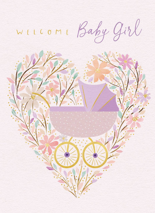 GREETING CARD BABY PINK PRAM M&G - r. h. ballard shop & gallery