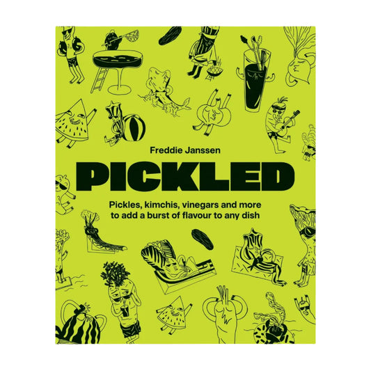 Book cover of 'Pickled' by Freddie Janssen with illustrations on a green background