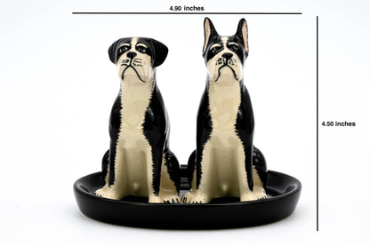SALT AND PEPPER SHAKER Boxer and black ceramic tray