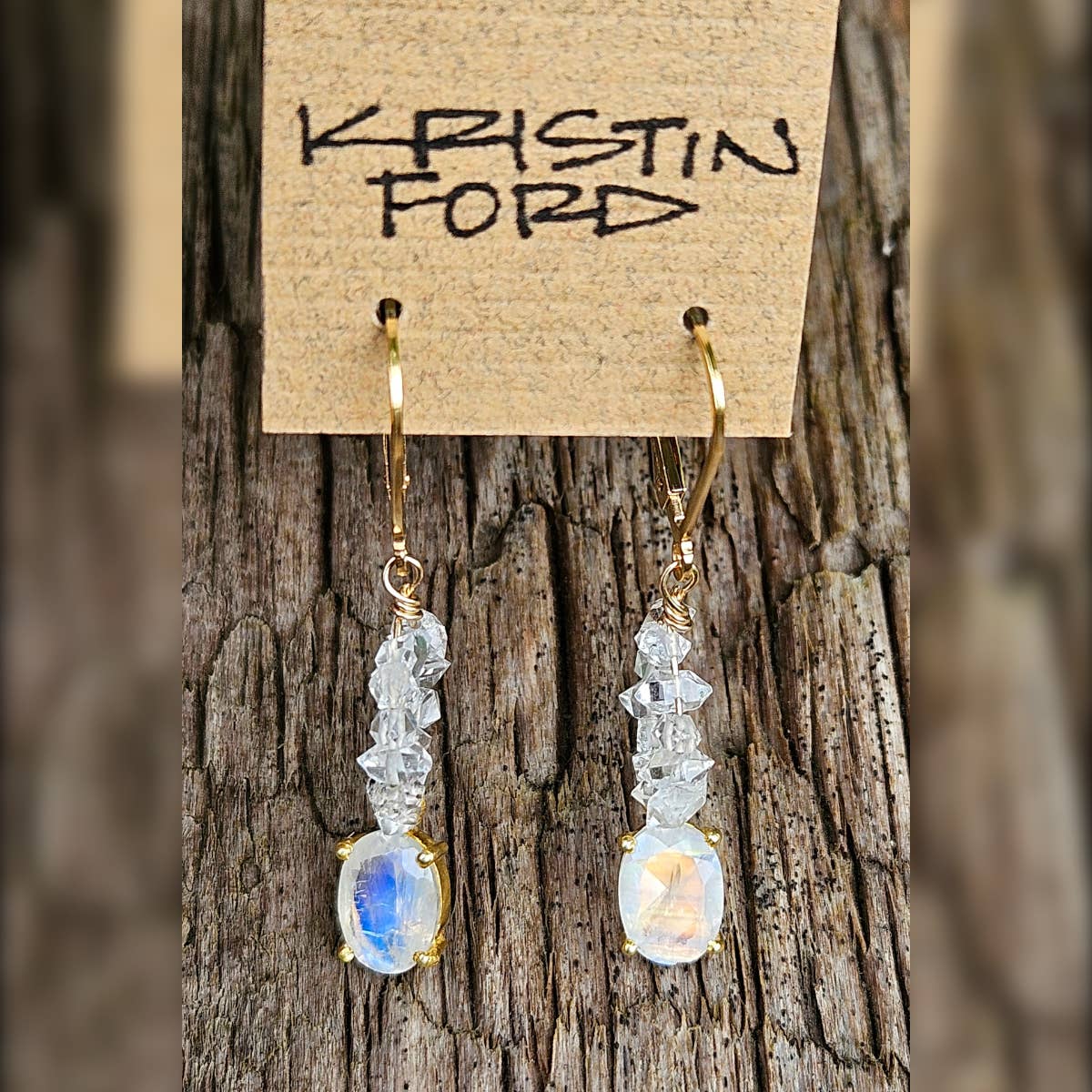 Gold Filled Rainbow Moonstone & Herkimer Diamond Earrings