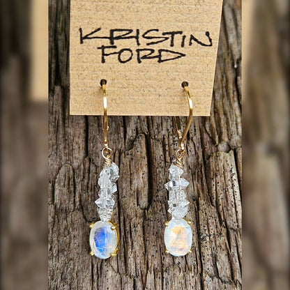 Gold Filled Rainbow Moonstone & Herkimer Diamond Earrings