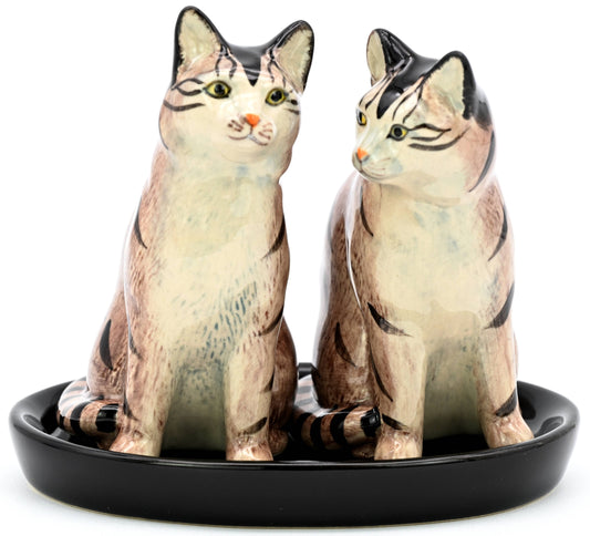 SALT AND PEPPER SHAKER Tabby and black ceramic tray