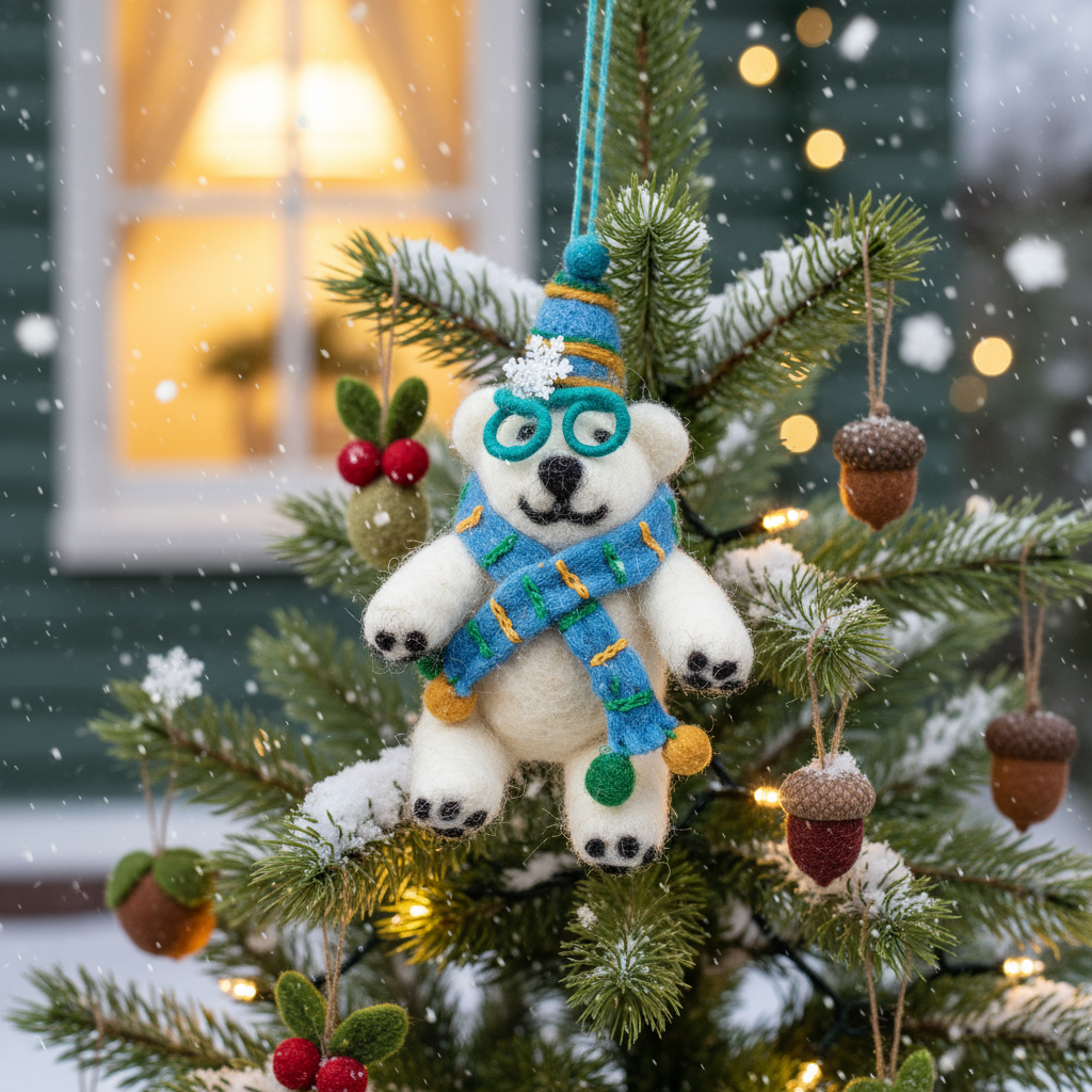 Handmade Felt Cosmo the Polar Bear Xmas Decoration - r. h. ballard shop & gallery