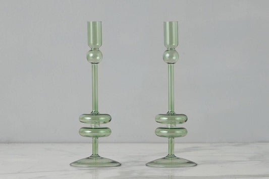 Angelique Glass Candlestick Pair, 10in, Sage