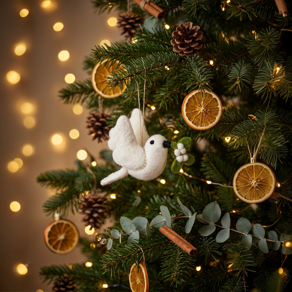 Handmade Felt Mistletoe Dove Hanging Christmas Decoration - r. h. ballard shop & gallery