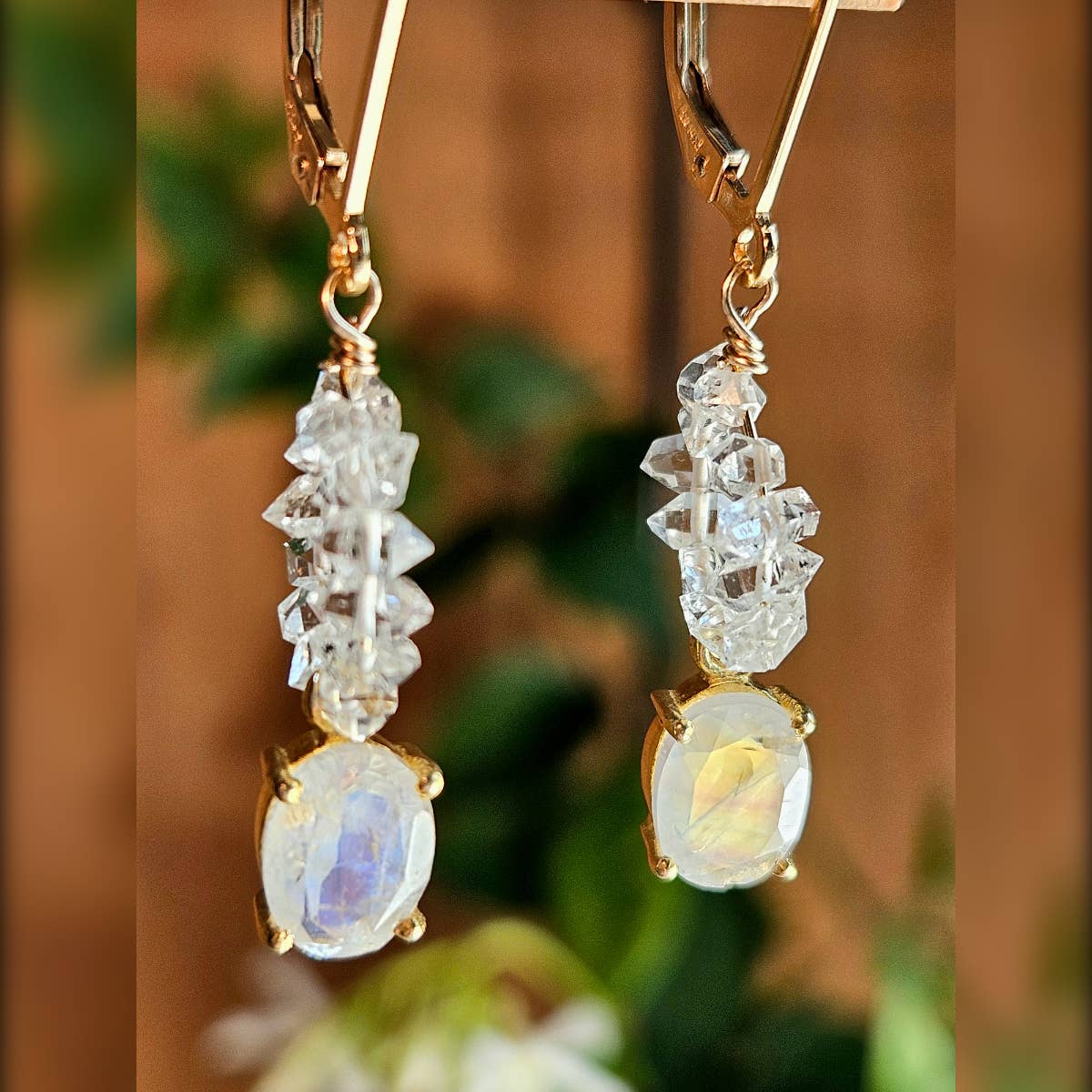 Gold Filled Rainbow Moonstone & Herkimer Diamond Earrings