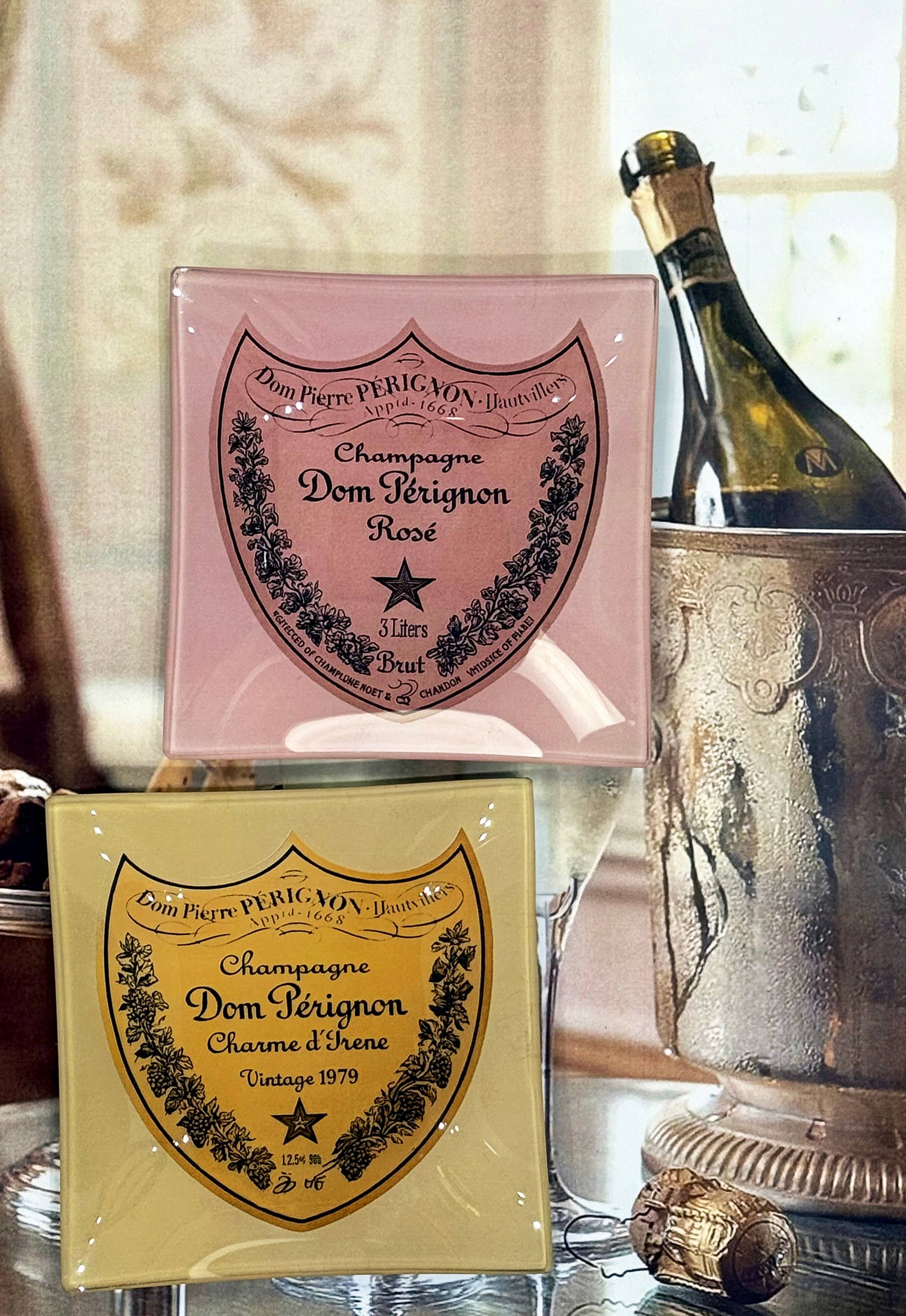 Vintage Dom Pérignon Brut Decoupage Glass Tray: 6"X 6" - r. h. ballard shop & gallery