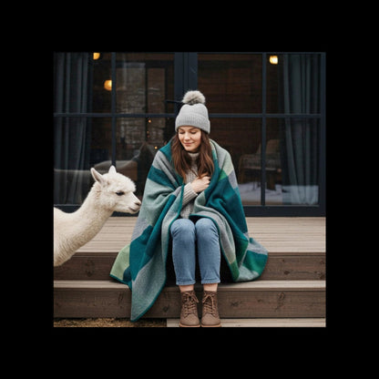 Woman wrapped in a green and gray blanket sitting on steps with an alpaca next to her.