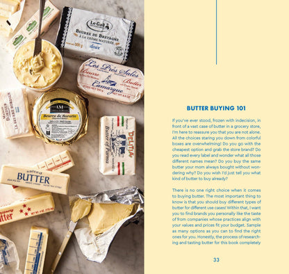 Assorted types of butter on a marble surface with text on a yellow background.