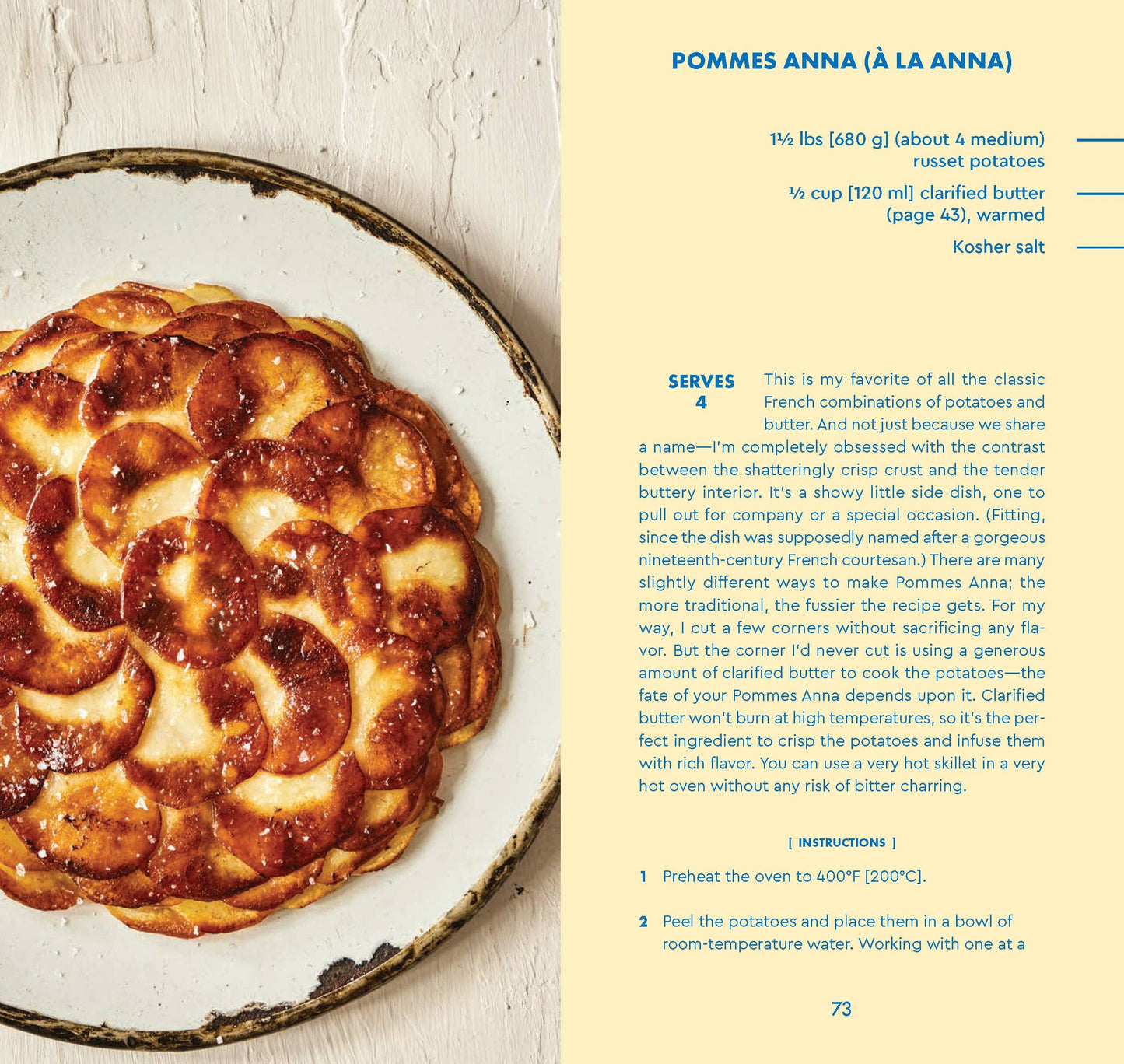 Pommes Anna dessert on a plate with recipe text on the side.