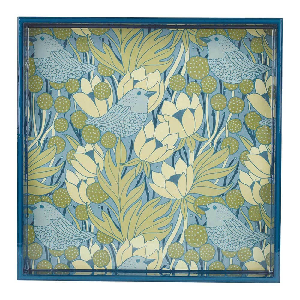Decorative panel with birds and floral design in blue and green on a white background