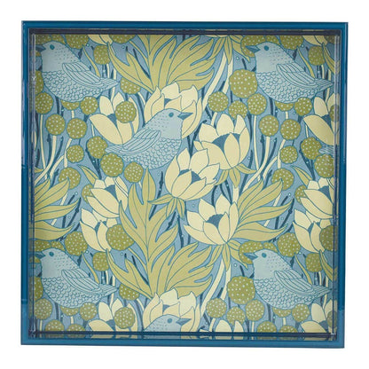 Decorative panel with birds and floral design in blue and green on a white background