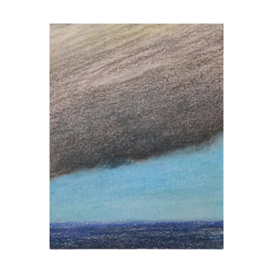 A textured pastel or crayon landscape painting showing a dark gray mountain slope above a light blue sky and deep blue ocean.