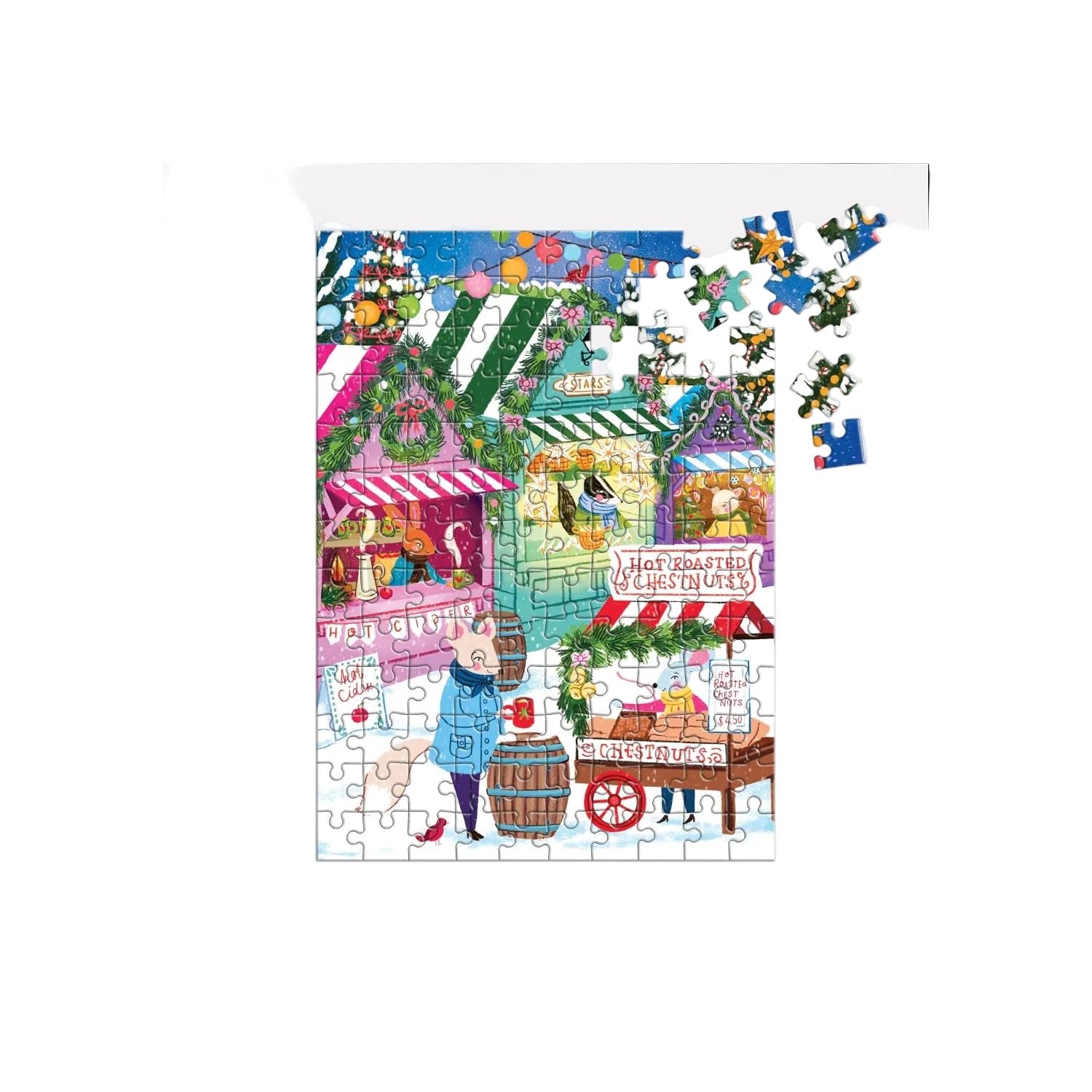Colorful puzzle with a festive market scene on a white background