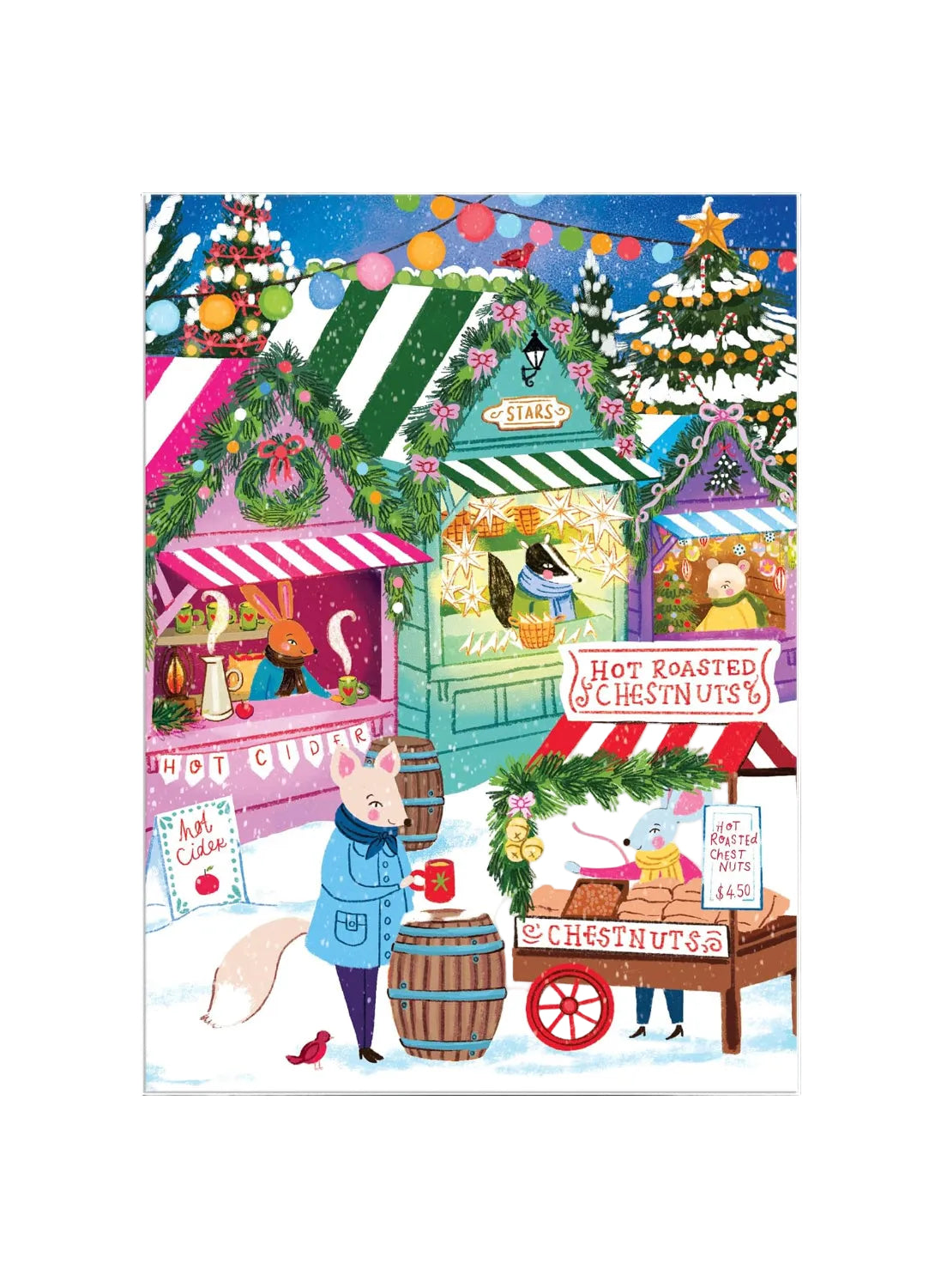 A whimsical winter market illustration featuring animal characters and market stalls under a snowy night sky. Visible text includes 'Stars', 'Hot Roasted Chestnuts', 'Milk Cider', and 'Chestnuts'.