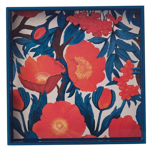 A square serving tray with a floral pattern featuring red poppies and blue leaves, with a blue rim around the edge.