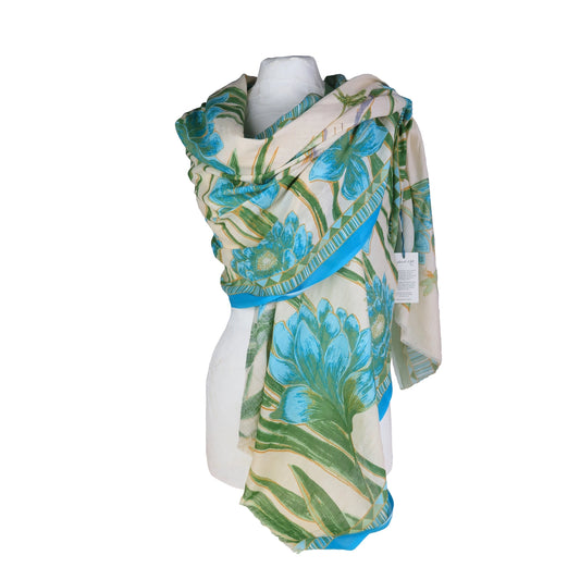 Lotus and Heron Blue and Green Flowers Scarf/Wrap