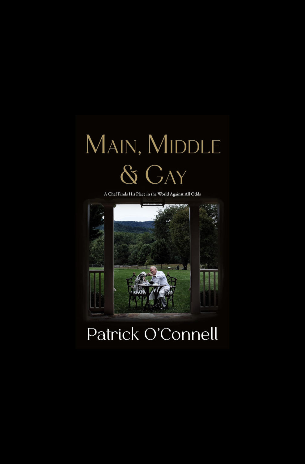Book cover of 'Main, Middle & Gay' with a scene of two people sitting at a table in a garden.