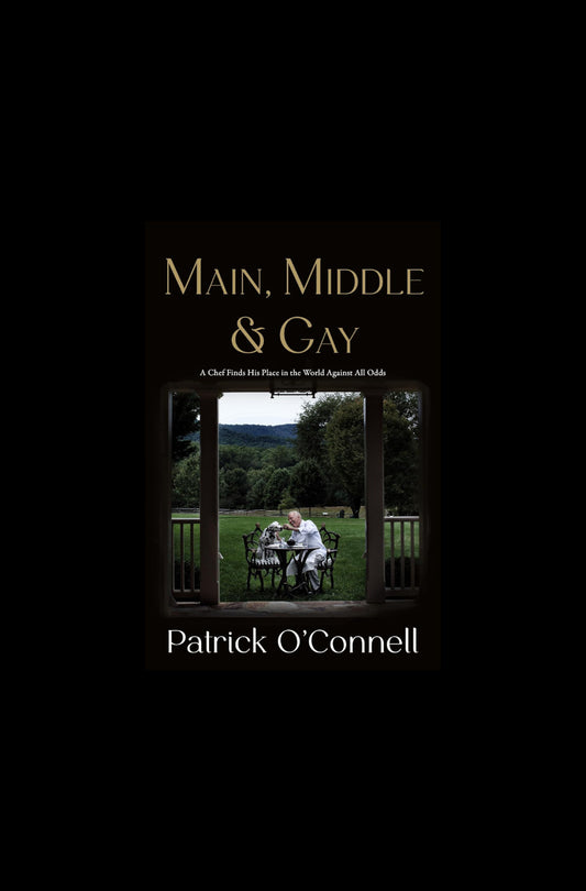 Book cover of 'Main, Middle & Gay' with a scene of two people sitting at a table in a garden.