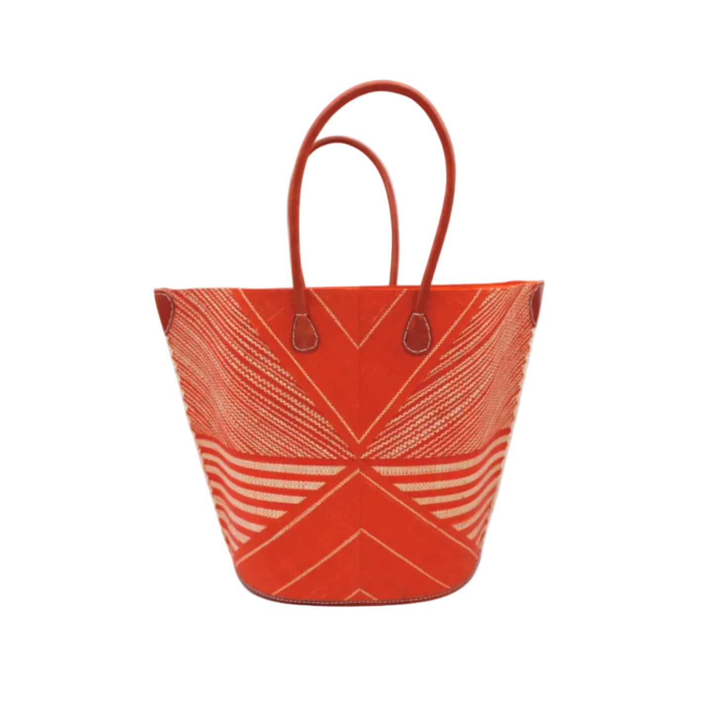 Red woven tote bag with white patterns on a white background