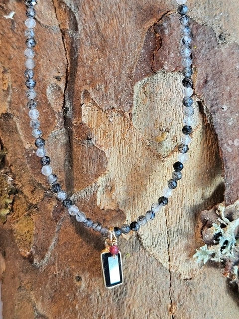 Black Onyx & Black Tourmalinated Quartz Necklace