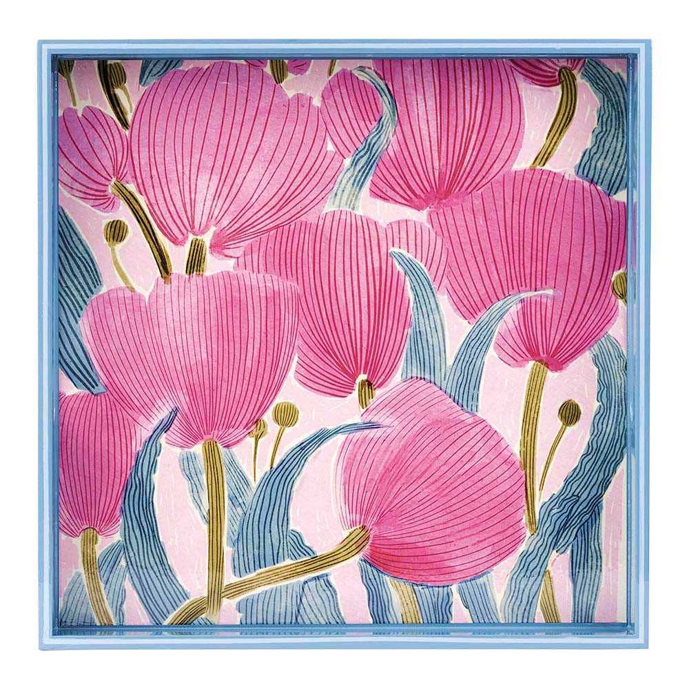 A square serving tray with a floral pattern featuring pink tulips and blue leaves, with a blue rim around the edge.