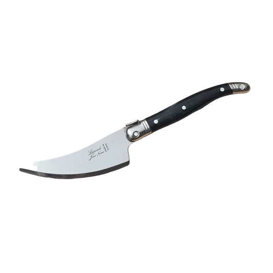 Cheese knife with black handle on a wooden surface