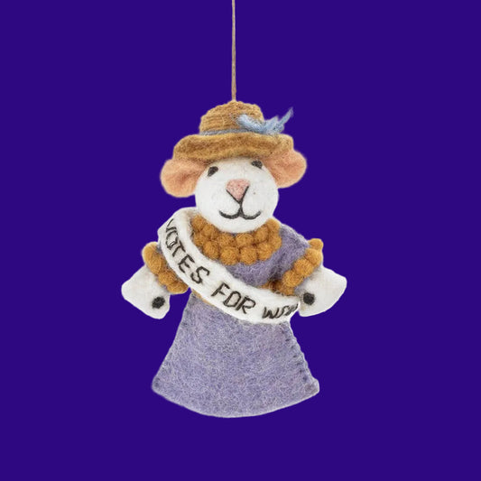 Decorative ornament of a mouse in a suffragette outfit with a 'Votes for Women' banner on a white background.