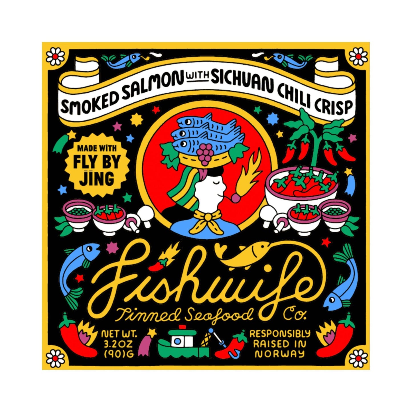 Colorful label for Fishwife smoked salmon with Sichuan chili crisp packaging.