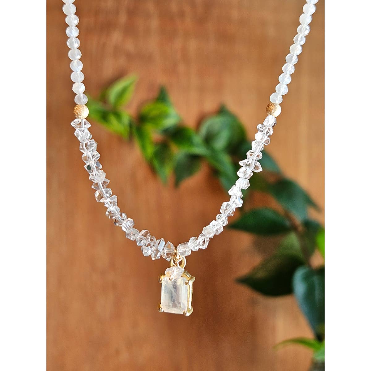 Gold Filled Rainbow Moonstone & Herkimer Diamond Necklace