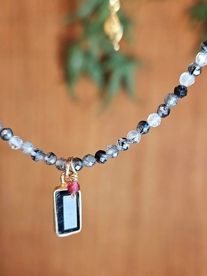 Black Onyx & Black Tourmalinated Quartz Necklace