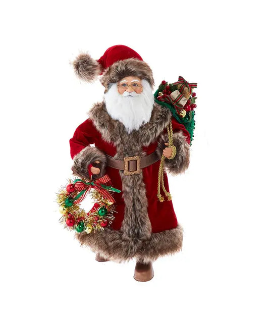 17" Red Santa W/Gray Fur+Wreath/Bag - r. h. ballard shop & gallery