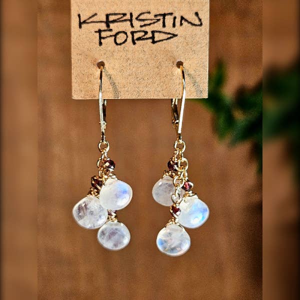 Gold Filled Rainbow Moonstone & Garnet Earrings