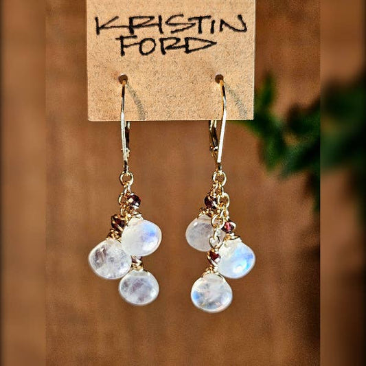 Gold Filled Rainbow Moonstone & Garnet Earrings